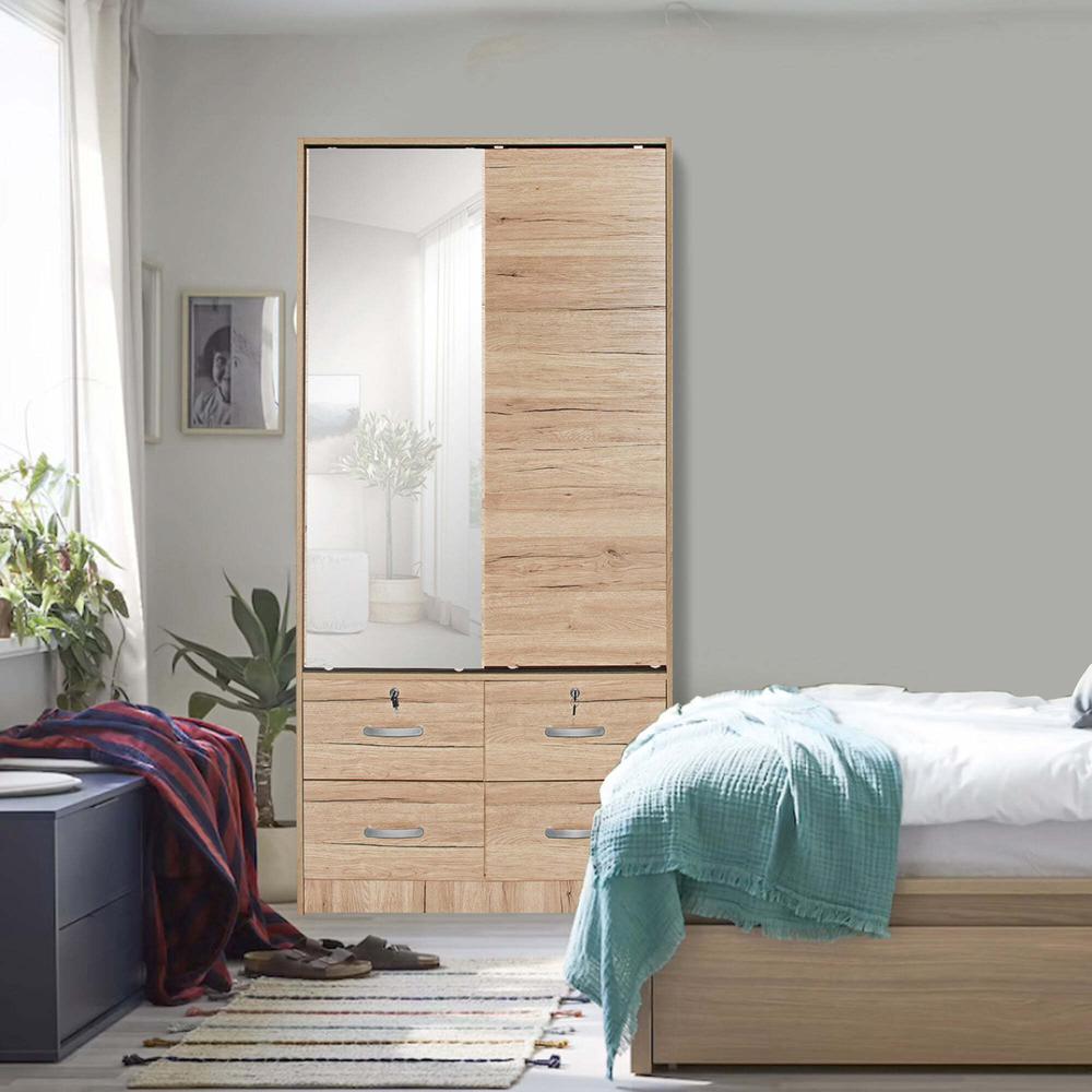 Better Home Products Sarah Double Sliding Door Armoire with Mirror Natural Oak. Picture 9