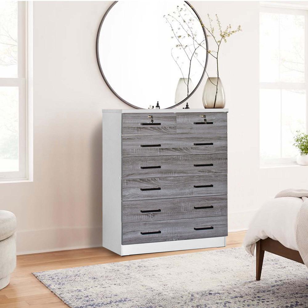 Better Home Products Cindy 7 Drawer Chest Wooden Dresser in Gray & White. Picture 8