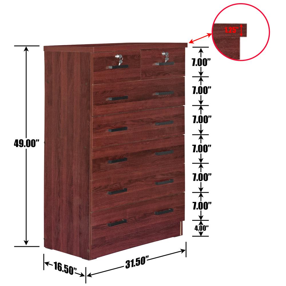 Better Home Products Cindy 7 Drawer Chest Wooden Dresser with Lock in Mahogany. Picture 3