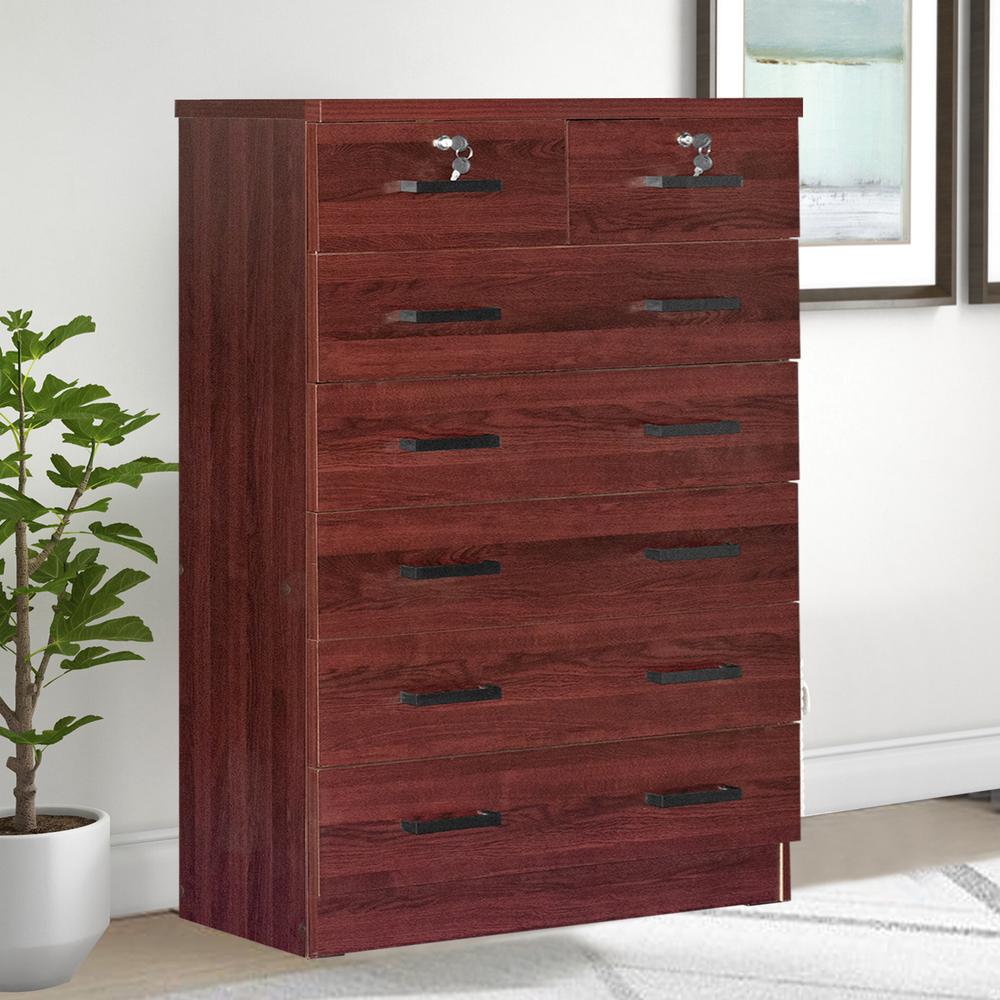 Better Home Products Cindy 7 Drawer Chest Wooden Dresser with Lock in Mahogany. Picture 9