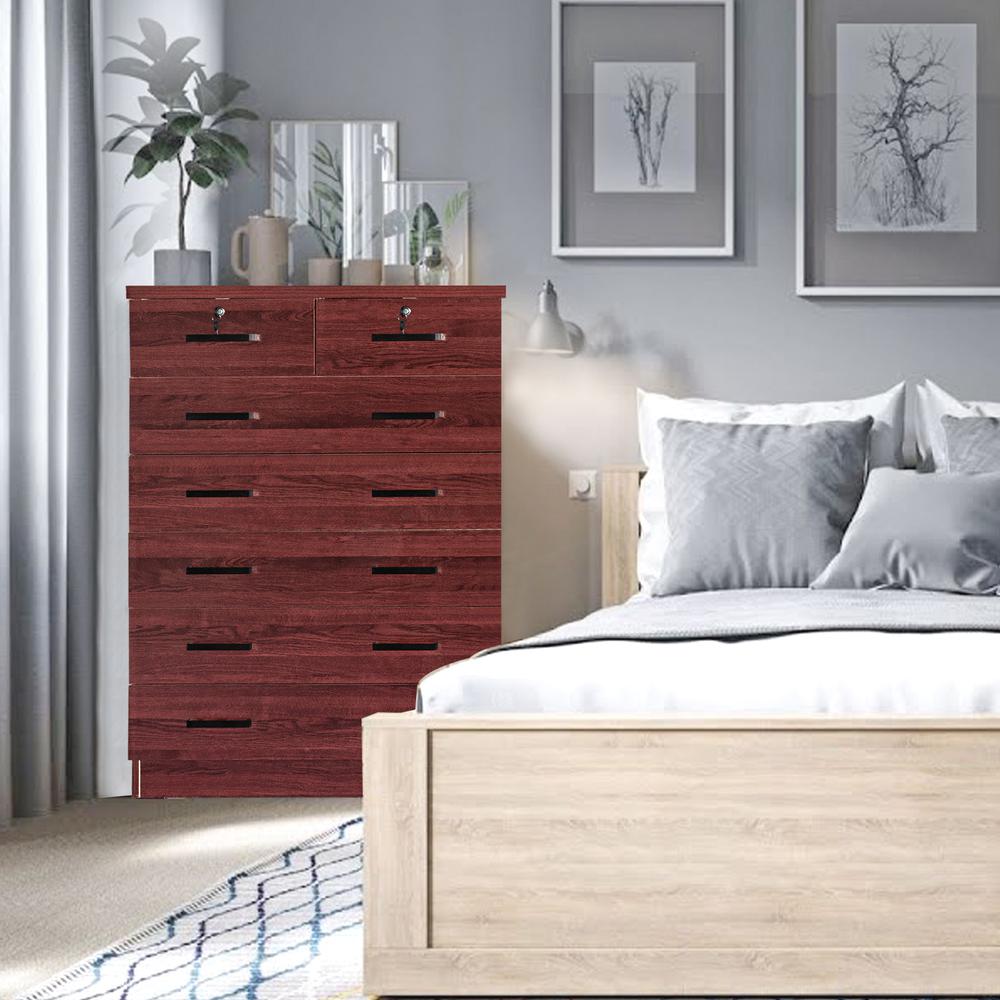 Better Home Products Cindy 7 Drawer Chest Wooden Dresser with Lock in Mahogany. Picture 10