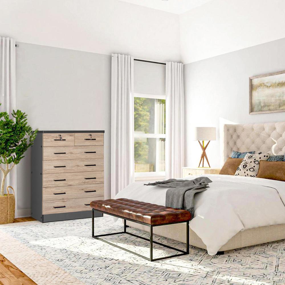 Better Home Products Cindy 7 Drawer Chest Wooden Dresser Natural Oak & Dark Gray. Picture 9