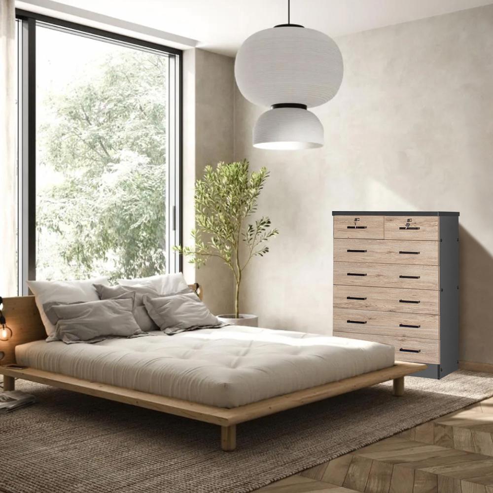 Better Home Products Cindy 7 Drawer Chest Wooden Dresser Natural Oak & Dark Gray. Picture 15