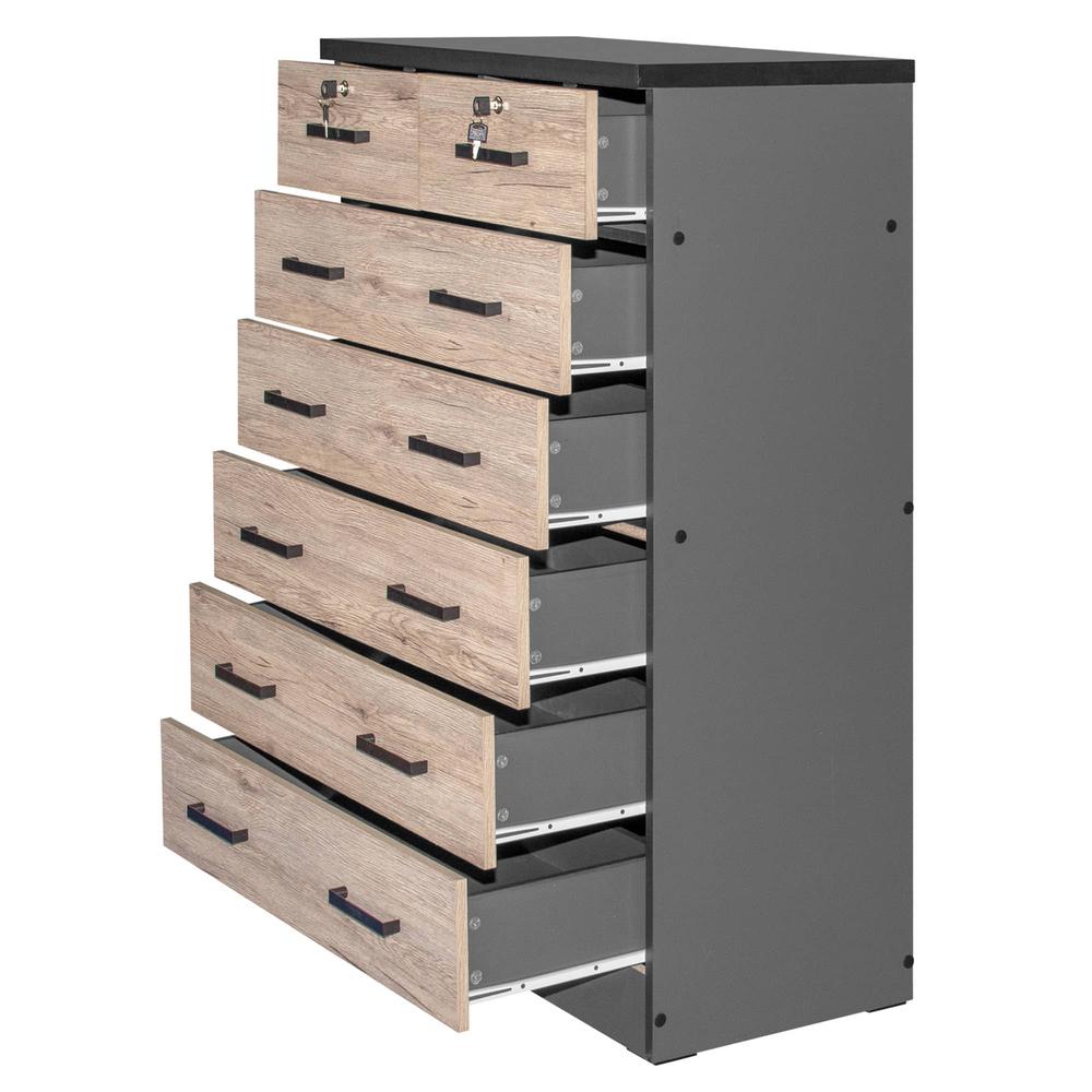 Better Home Products Cindy 7 Drawer Chest Wooden Dresser Natural Oak & Dark Gray. Picture 4
