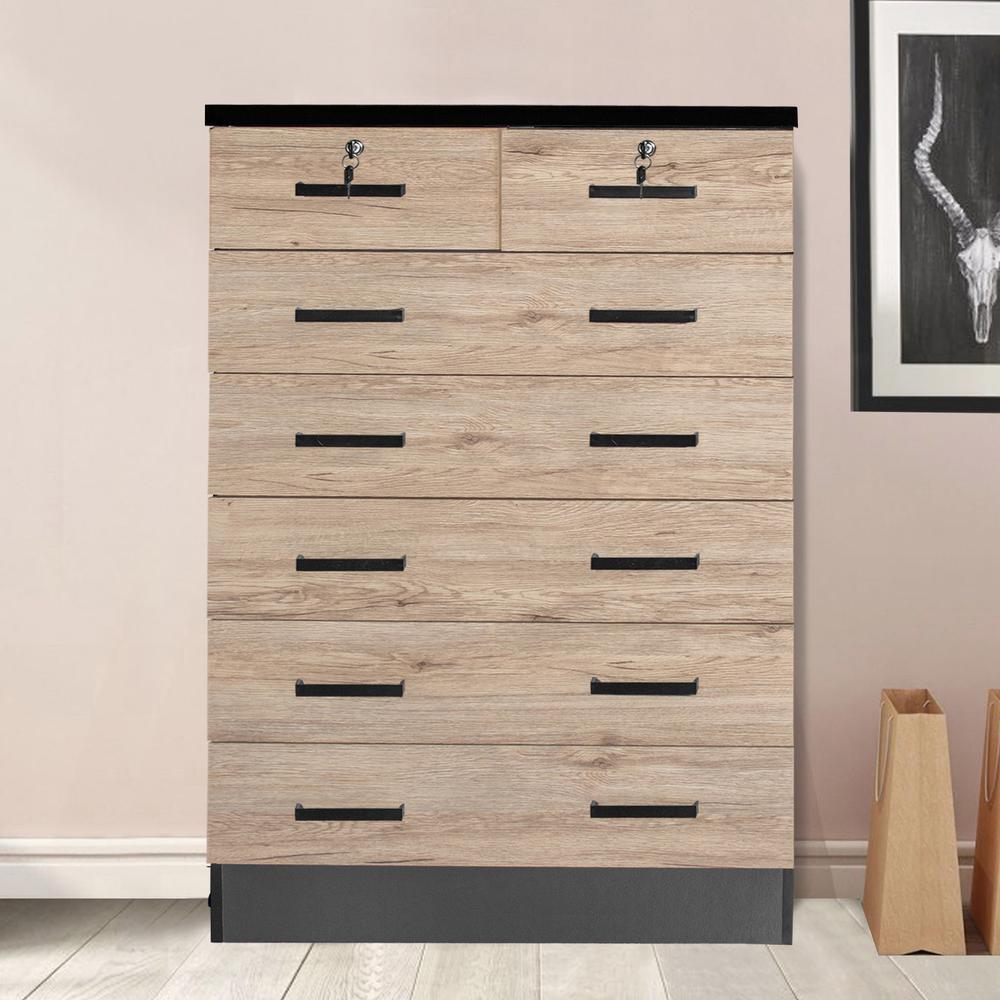 Better Home Products Cindy 7 Drawer Chest Wooden Dresser Natural Oak & Dark Gray. Picture 5