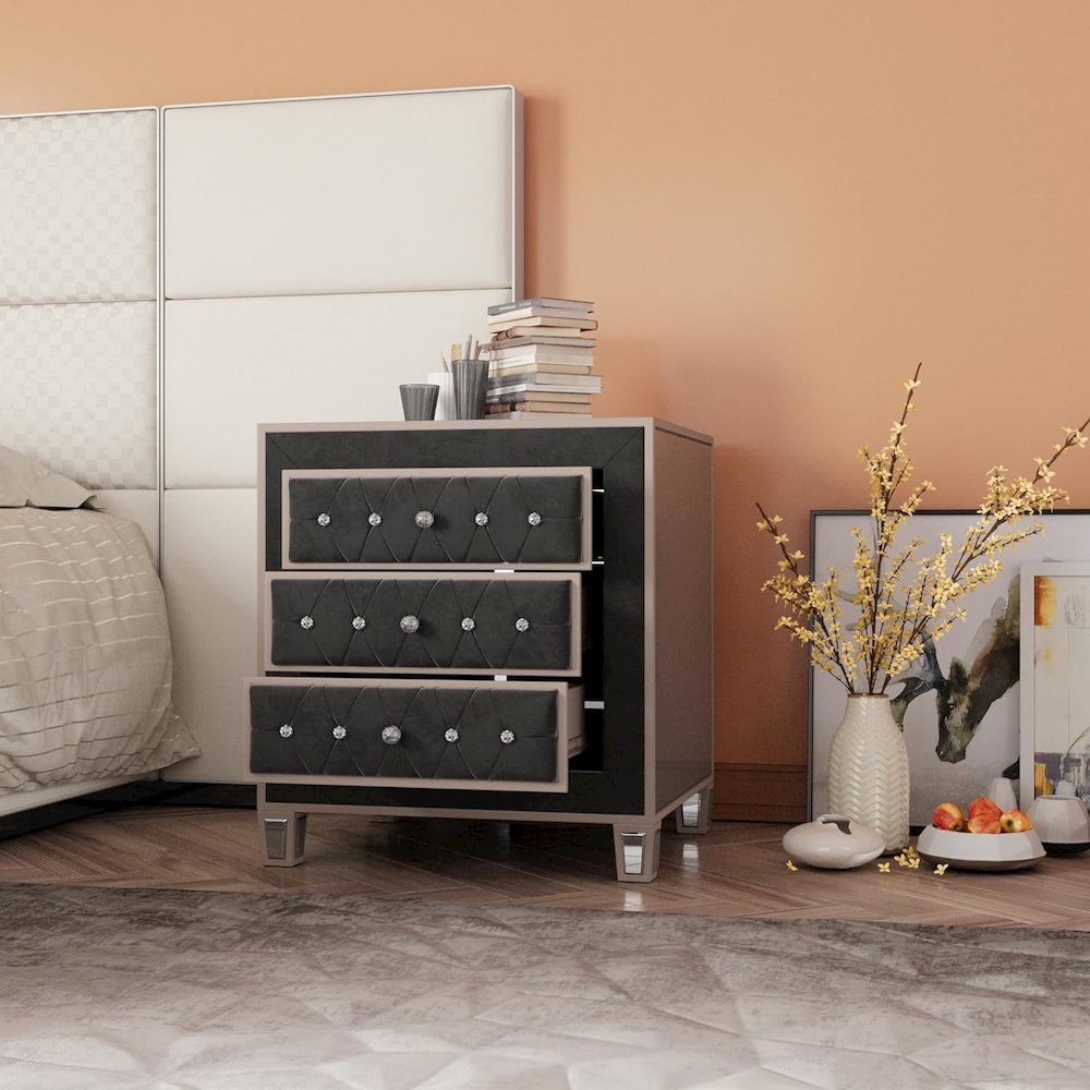 Woodpeckers Furniture And Mattress Mirrored Velvet Night Stand (Grey). Picture 2