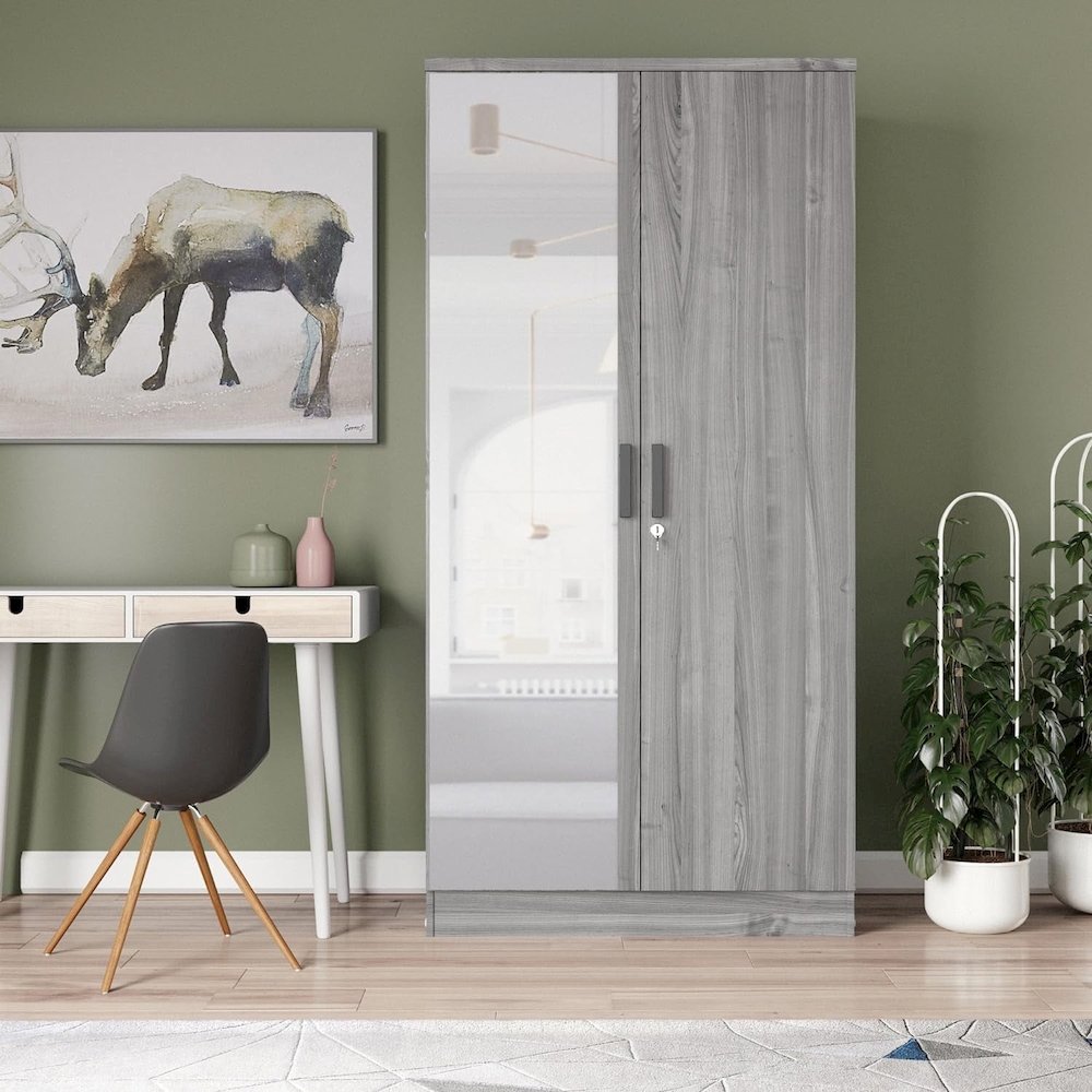 Mirrored 2 Door Wardrobe in Grey Color. Picture 1