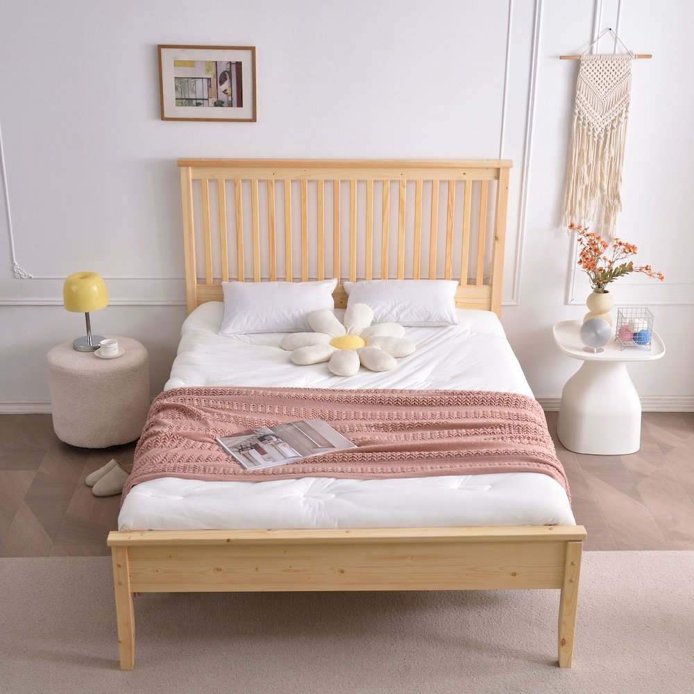 Solid Pine Wood Bed (Natural, Full). Picture 2