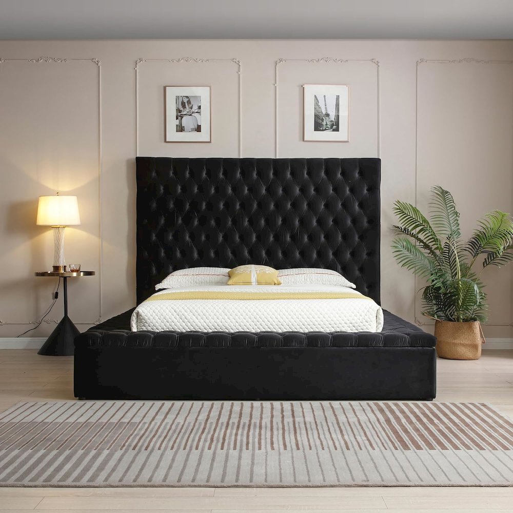 Cosmopolitan Velvet Tufted Upholstered Storage Platform with Headboard. Picture 2