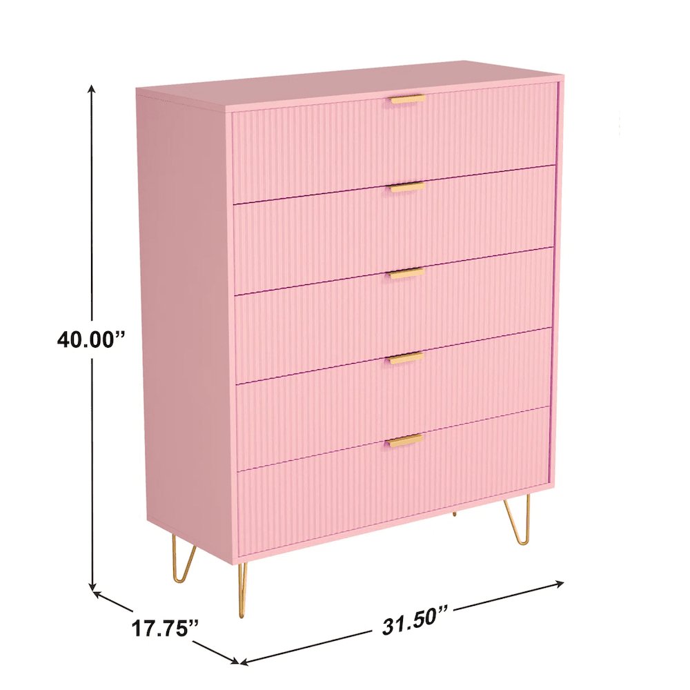 5-Drawer Chest in MDF Wood with Gold Metal Legs and Handles in Pink Color. Picture 2