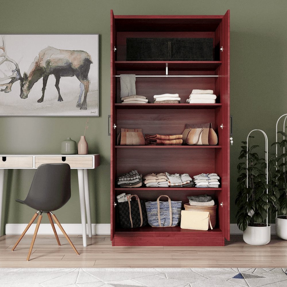Mirrored 2 Door Wardrobe in Red Color. Picture 2