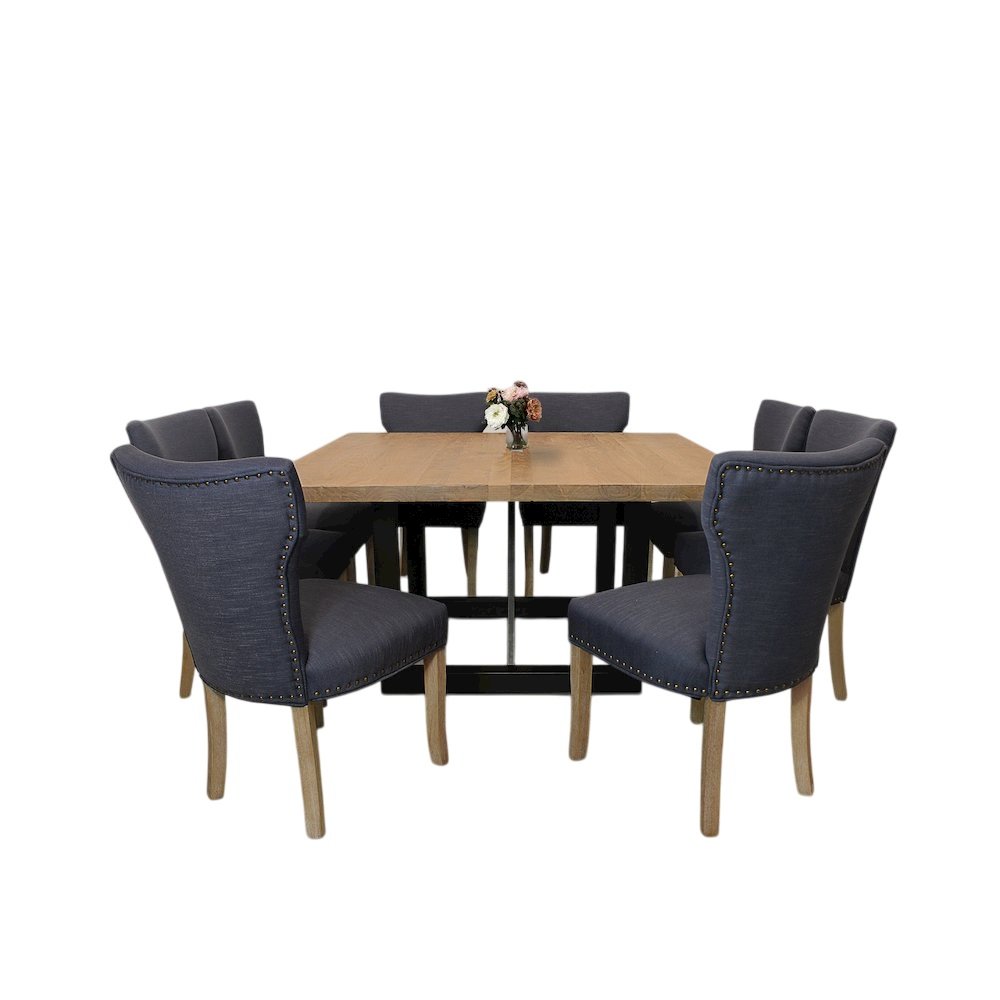 9-Piece Dining Set 8 Jill Dining Chairs in Blue Fabric Natural Legs. Picture 1