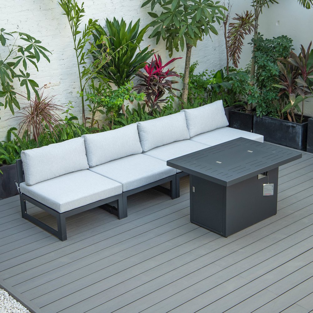 LeisureMod Chelsea 5-Piece Middle Patio Chairs and Fire Pit Table Set With Cushions, Light Grey. Picture 2