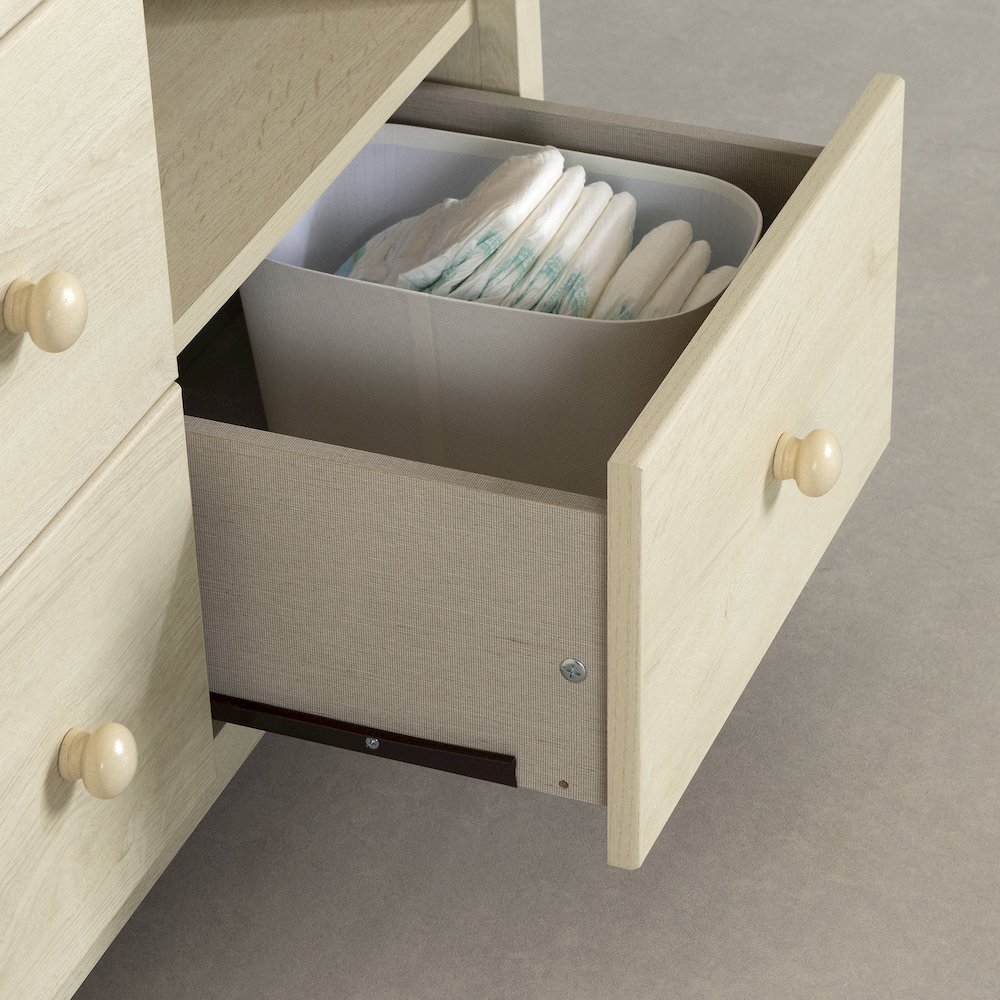 Changing table with removable rim, drawers, and open storage, Bleached Oak. Picture 4