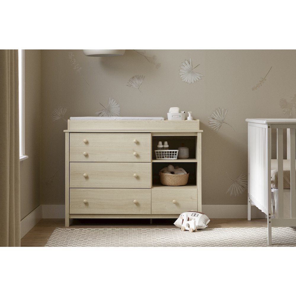 Changing table with removable rim, drawers, and open storage, Bleached Oak. Picture 2