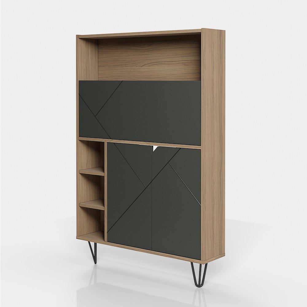 Slim Bar Cabinet , Secretary Bookcase Desk With Storage, Nutmeg & Charcoal Grey. Picture 1