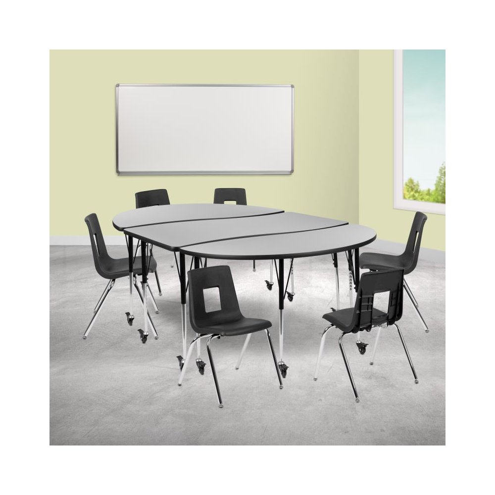 86" Oval Wave Flexible Laminate Activity Table Set with 18" Student Stack Chairs, Grey/Black. Picture 2