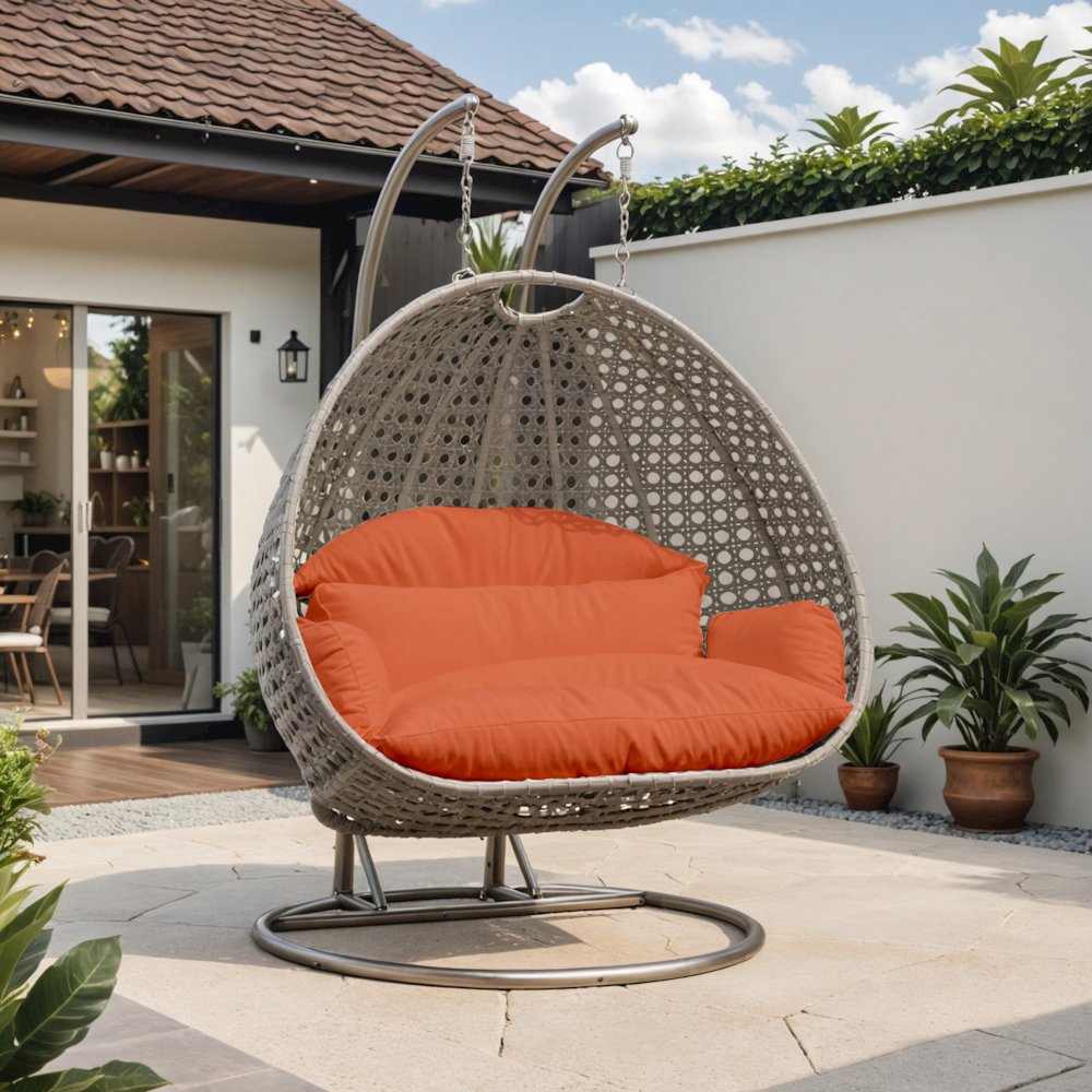 Beige Wicker Hanging 2 person Egg Swing Chair. Picture 1
