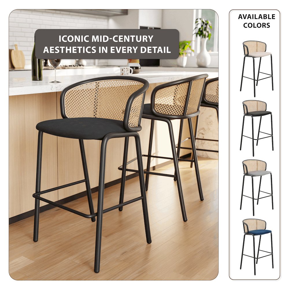 Ervilla Mid-Century Modern Wicker Bar Stool in Black. Picture 20