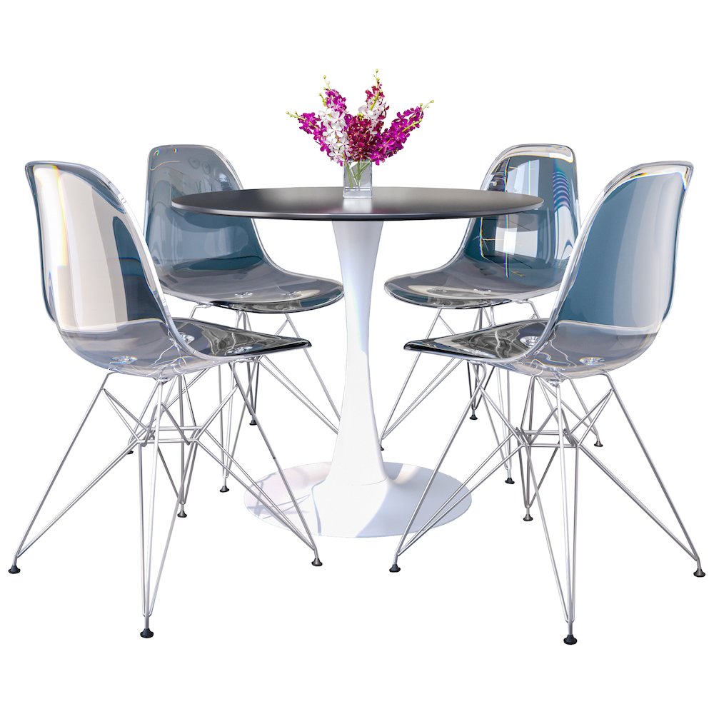5-Piece Dining Set 35" Round Dining Table in Chrome - Clear. Picture 1