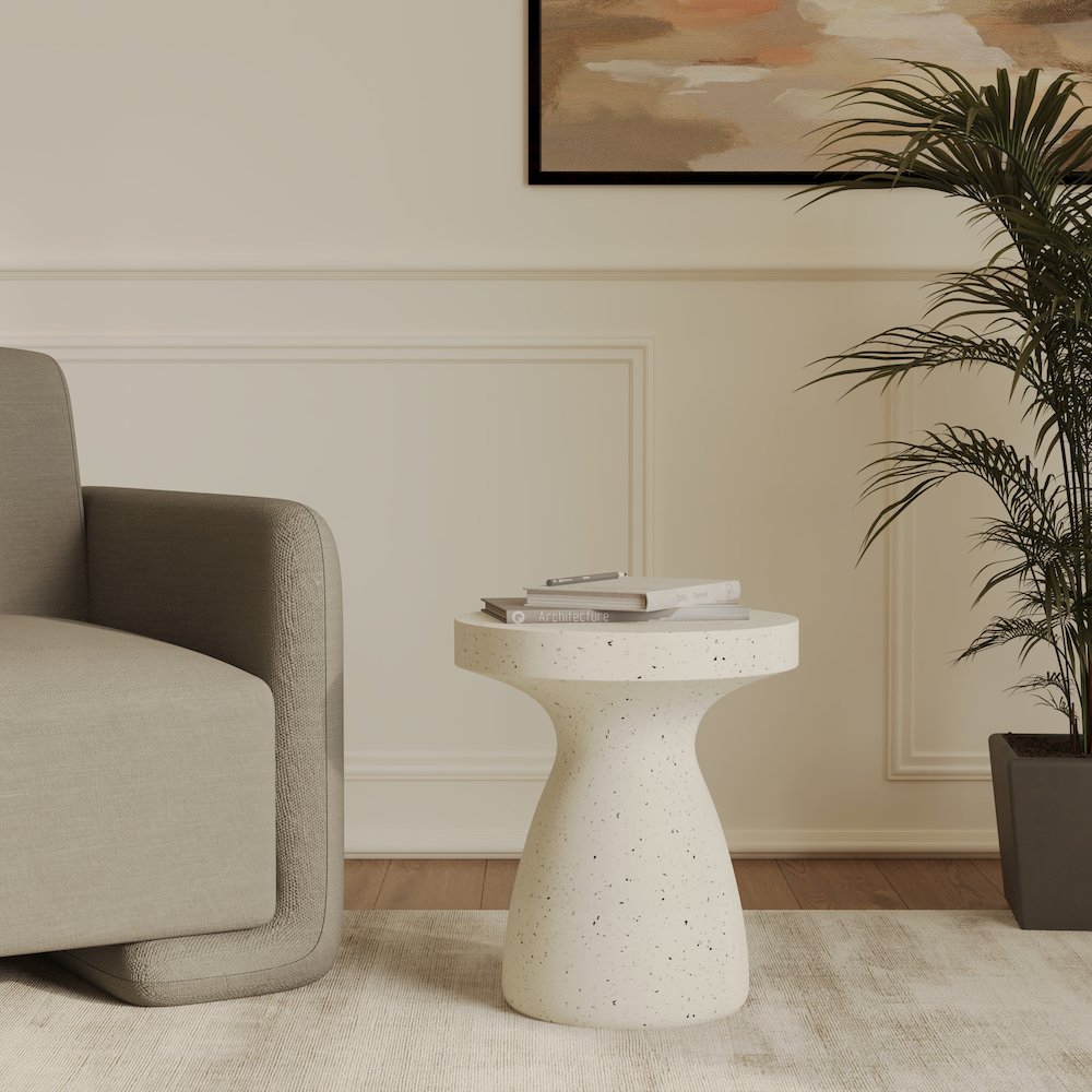 Modern Side End Table Wisp Series In Terrazzo White. Picture 4