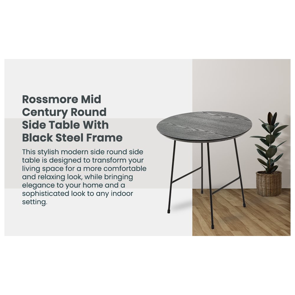 Rossmore Mid Century Modern Round Side Table With Black Steel Frame. Picture 1