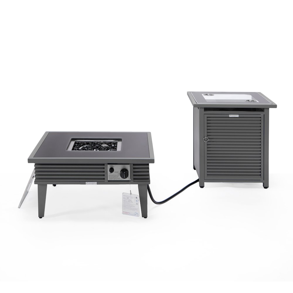 Walbrooke Patio Square Fire Pit and Tank Holder with Slats Design in Grey. Picture 3