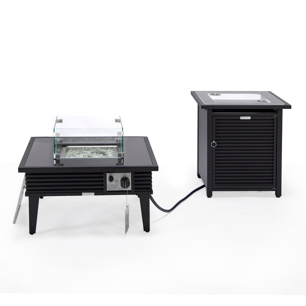 Walbrooke Patio Square Fire Pit and Tank Holder with Slats Design in Black. Picture 4