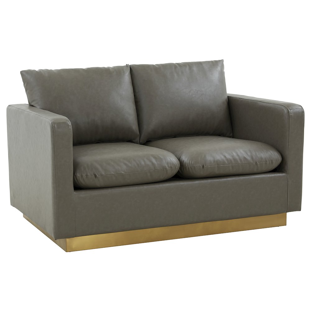 Nervo Modern Mid-Century Upholstered Leather Loveseat with Gold Frame. Picture 2