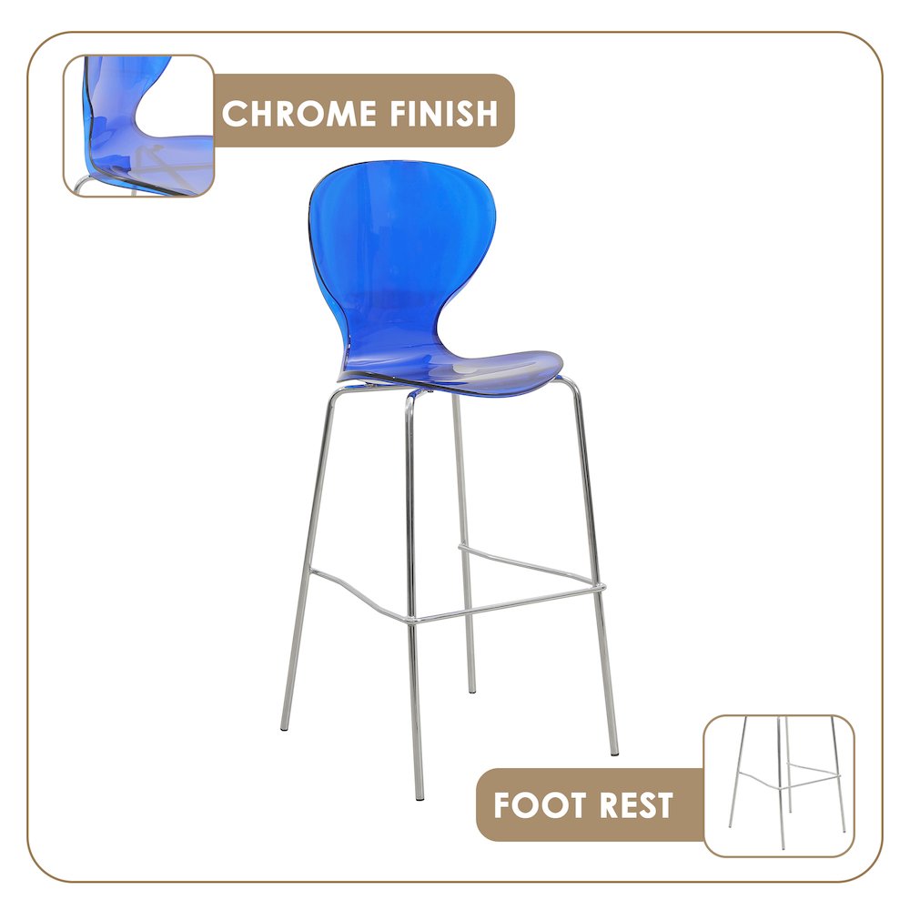 Oyster Acrylic Barstool with Steel Frame in Chrome Finish in Transparent Blue. Picture 15