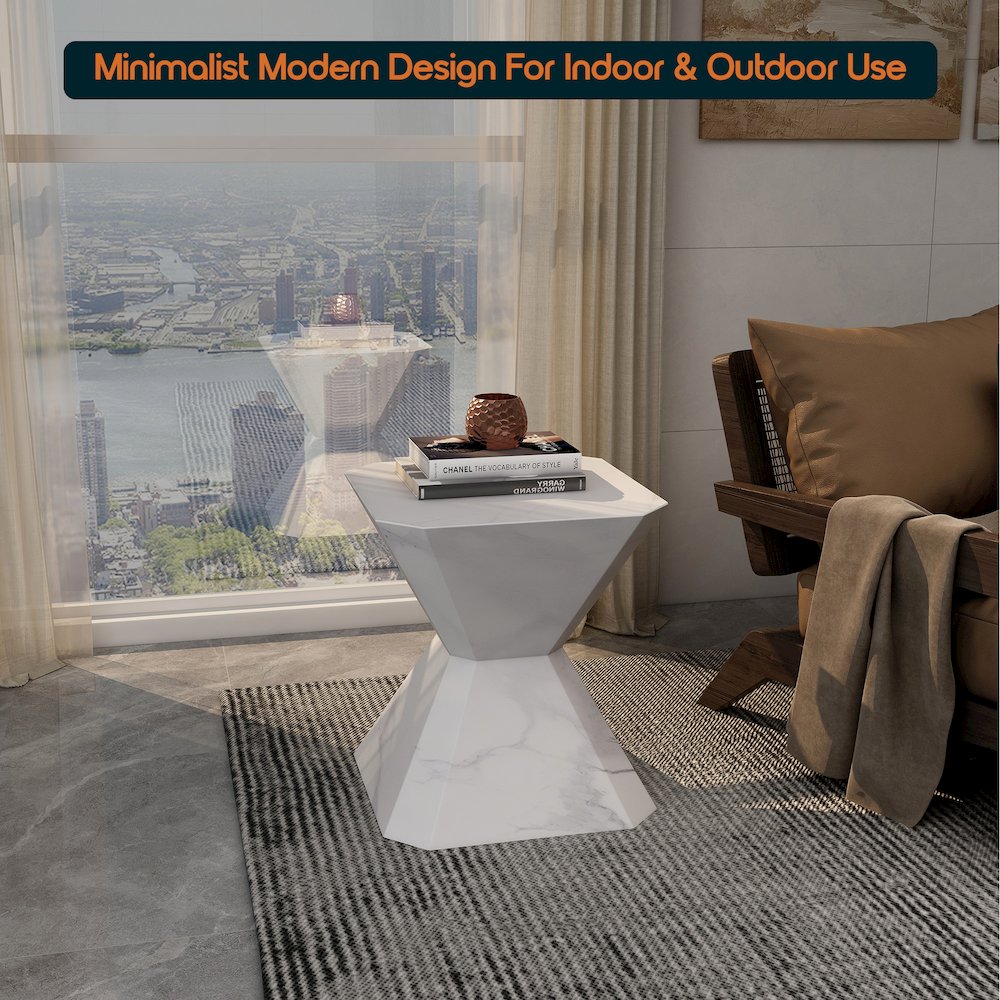 Azure Collection Fiberglass Outdoor Side Table in Marble White. Picture 13