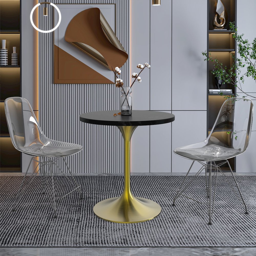 Verve Collection 27" Round Dining Table, Brushed Gold Base with Black MDF Top. Picture 14