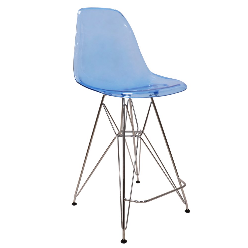 Cresco Modern Acrylic Barstool with Chrome Base and Footrest in Transparent Blue. Picture 3