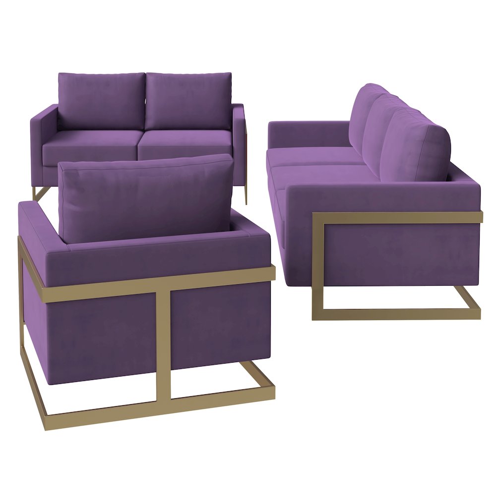 Lincoln 3-Piece Velvet Living Room Sofa Set With Gold Frame. Picture 3
