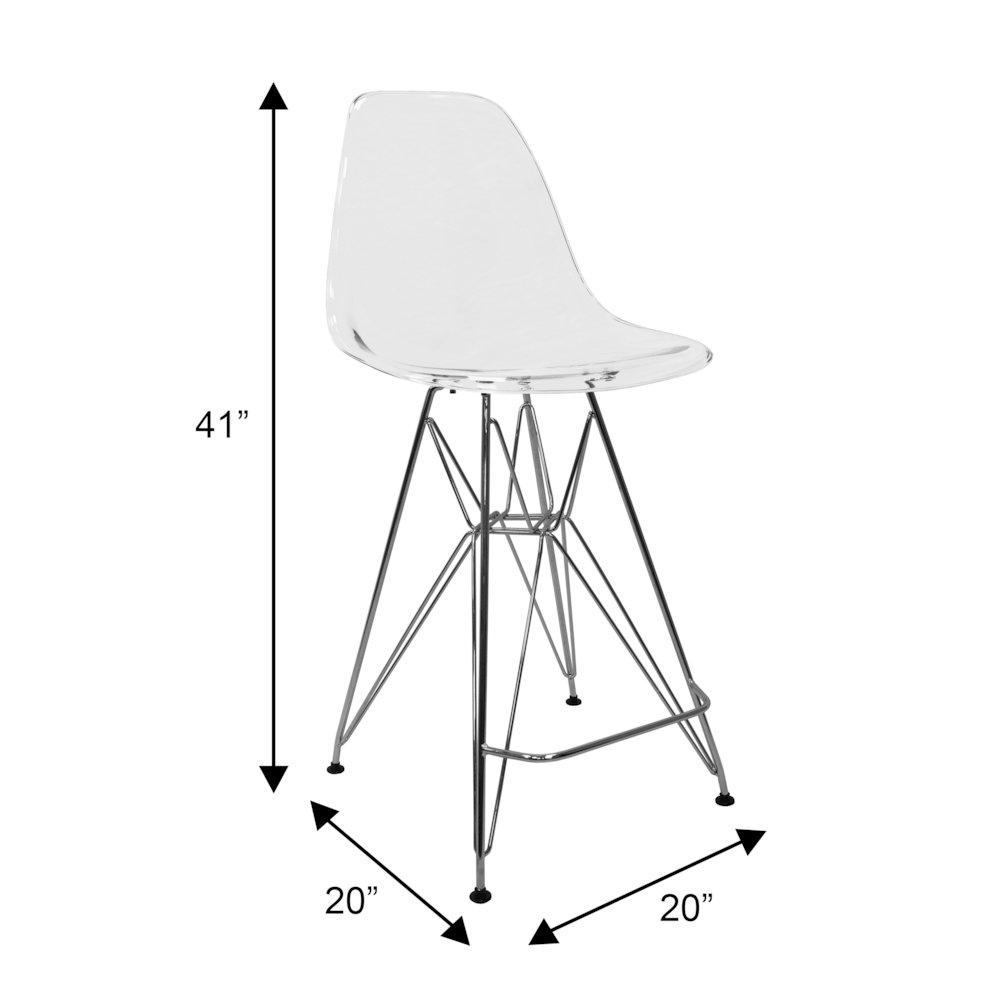 Cresco Modern Acrylic Barstool with Chrome Base and Footrest in Clear. Picture 7