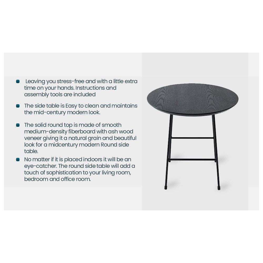 Rossmore Mid Century Modern Round Side Table With Black Steel Frame. Picture 3