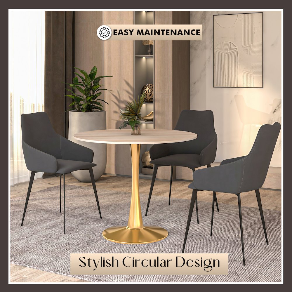 Bristol 31" Round Dining Table Gold Base with Sintered Stone Natural Wood Top. Picture 5