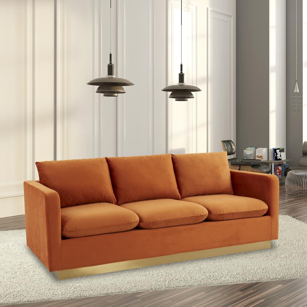 Nervo Modern Mid-Century Upholstered Velvet Sofa with Gold Frame. Picture 6
