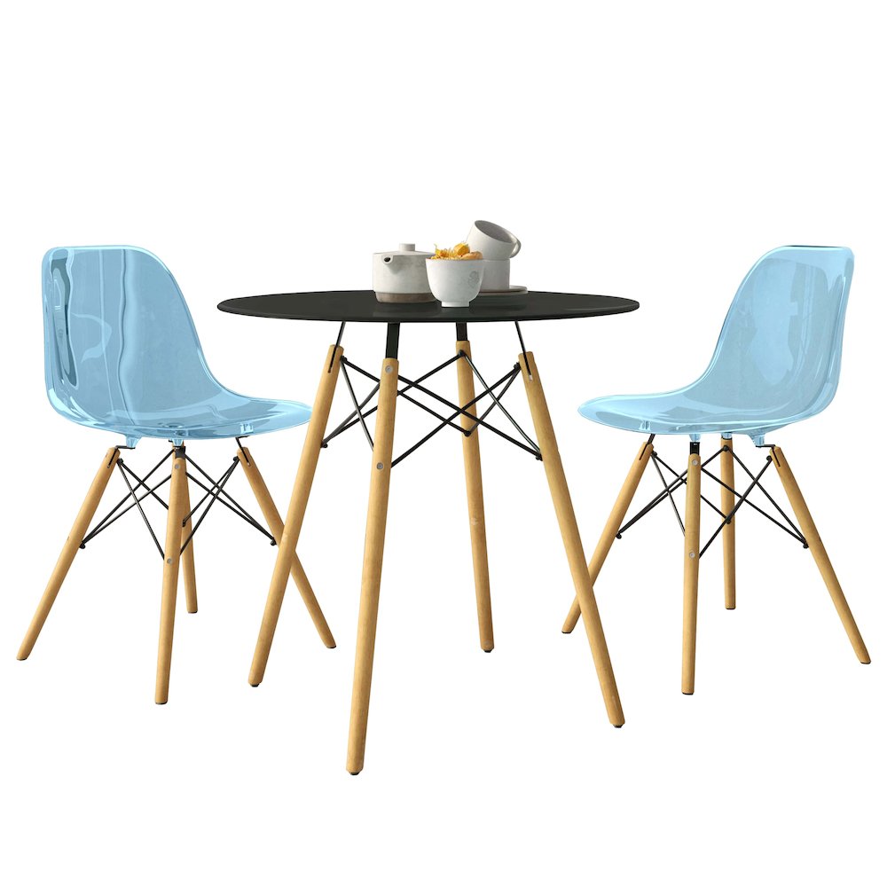Dover 3-Piece Dining Set with Round Black MDF Top Bistro Table in Blue. Picture 1