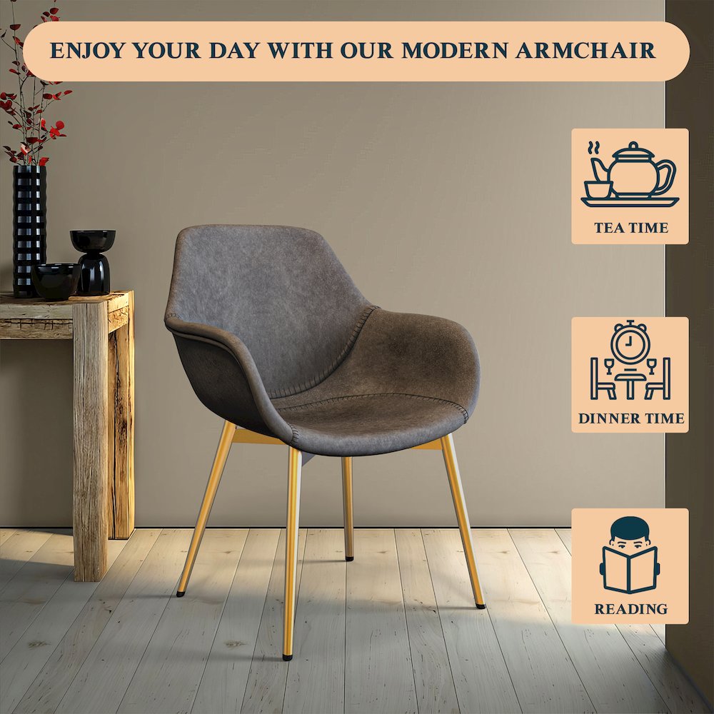 Markley Modern Leather Dining Arm Chair With Gold Metal Legs. Picture 2