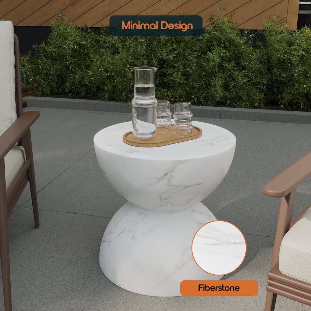Sage Collection Fiberglass Outdoor Side Table in Marbled White. Picture 4