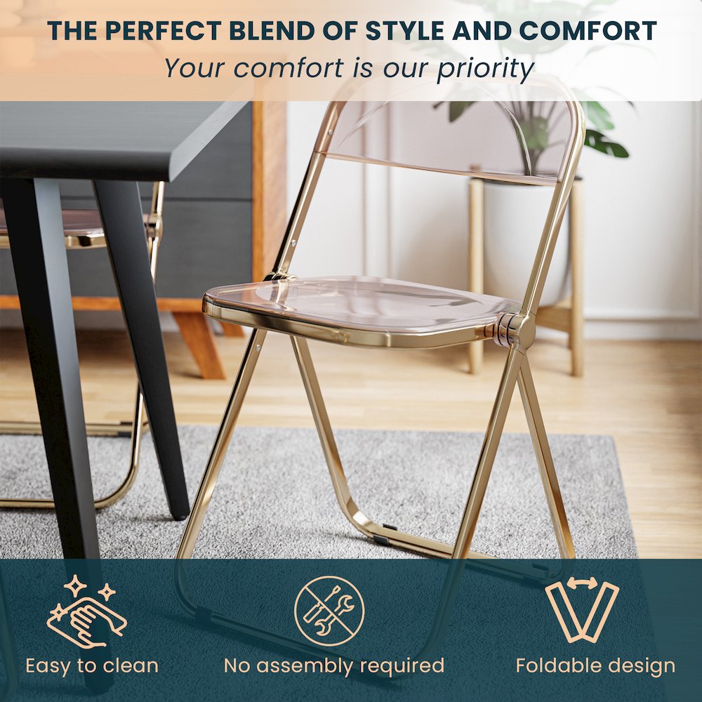 Lawrence Acrylic Folding Chair With Gold Metal Frame. Picture 3
