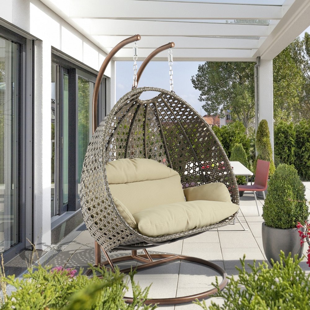 Beige Wicker Hanging 2 person Egg Swing Chair. Picture 2