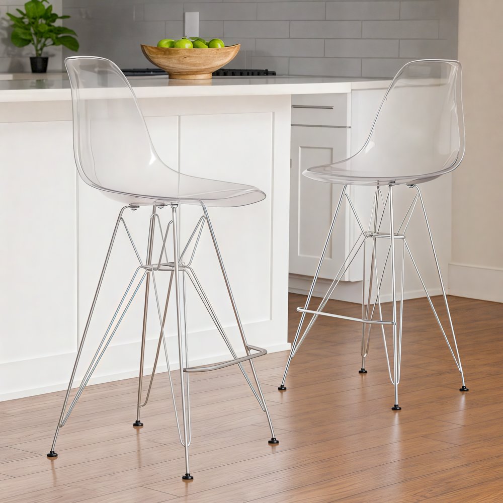 Cresco Modern Acrylic Barstool with Chrome Base and Footrest in Clear. Picture 3