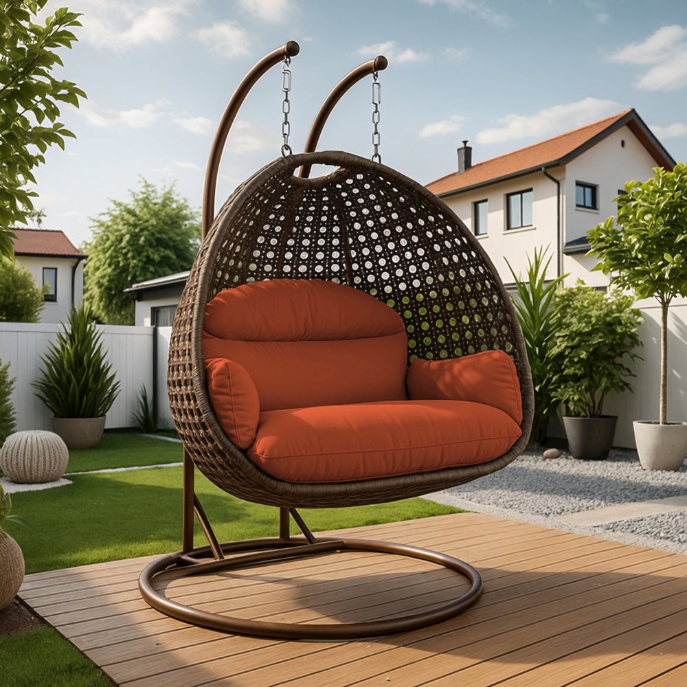 Mendoza Dark Brown Wicker Hanging 2 person Egg Swing Chair. Picture 1