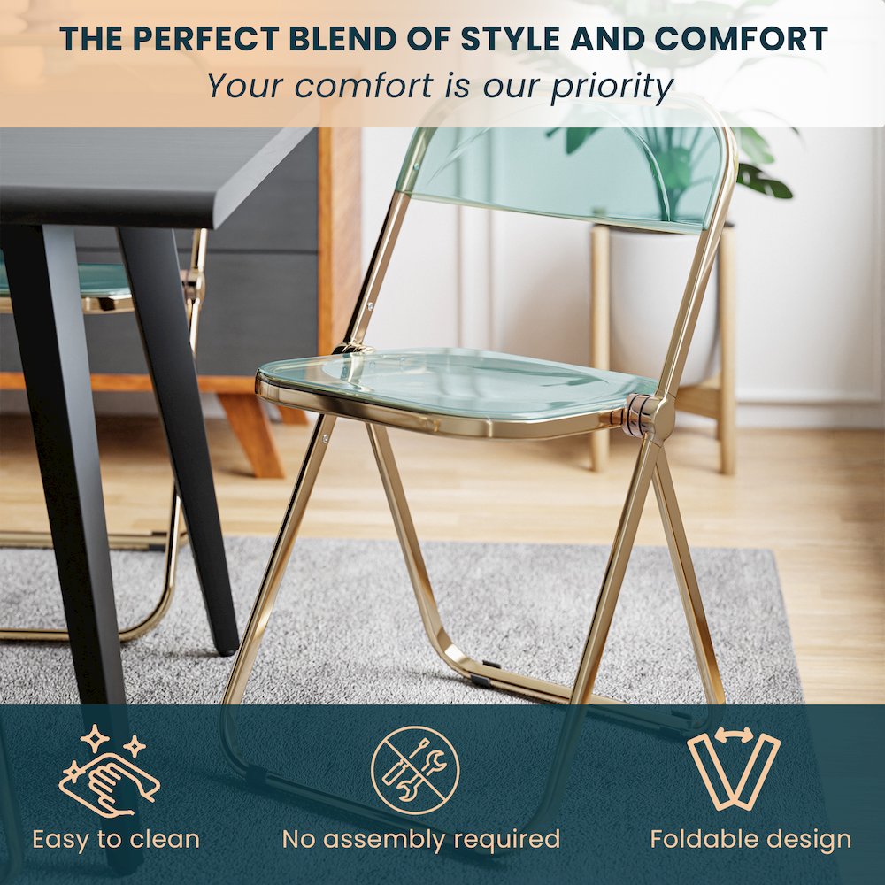 Lawrence Acrylic Folding Chair With Gold Metal Frame. Picture 3