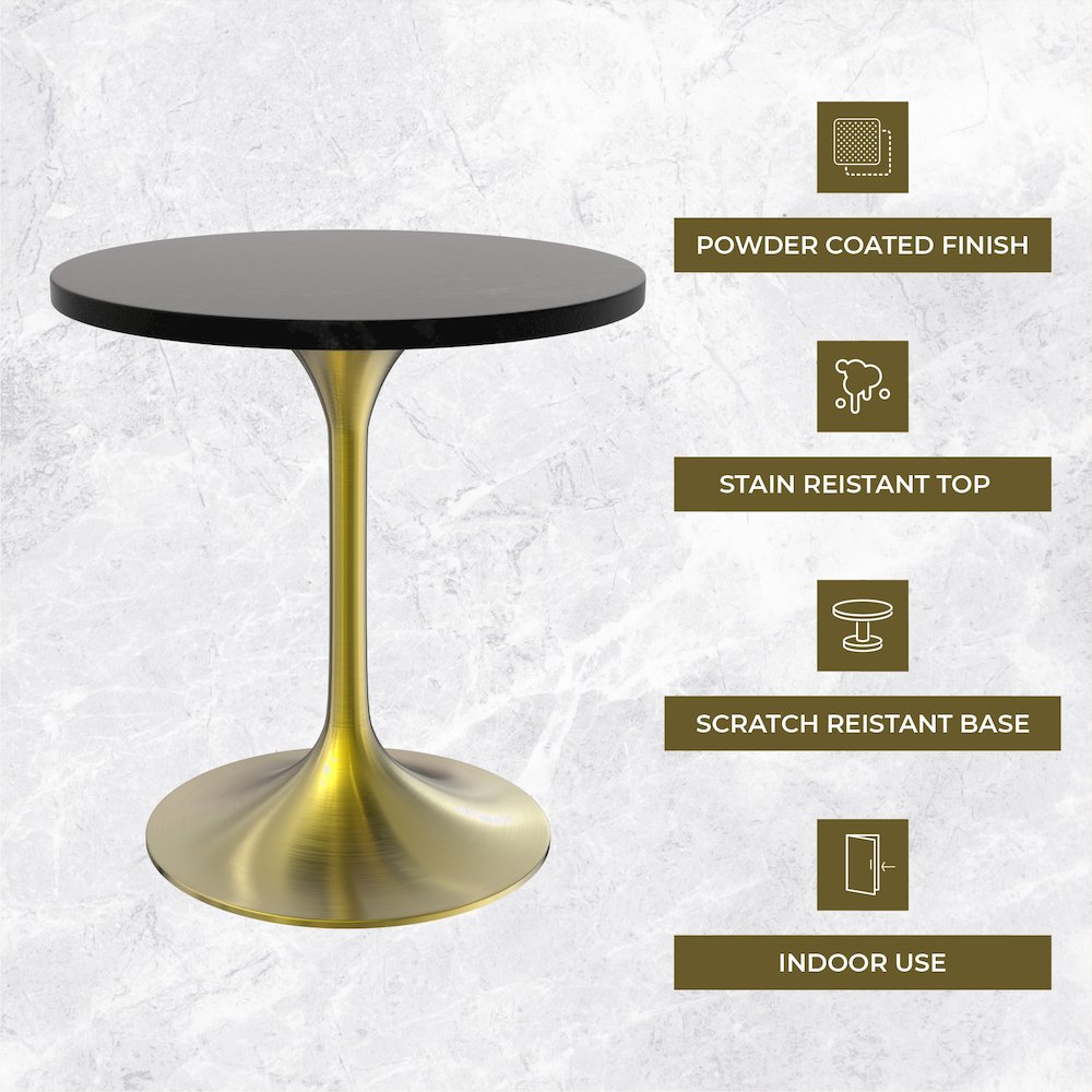 Verve Collection 27" Round Dining Table, Brushed Gold Base with Black MDF Top. Picture 2