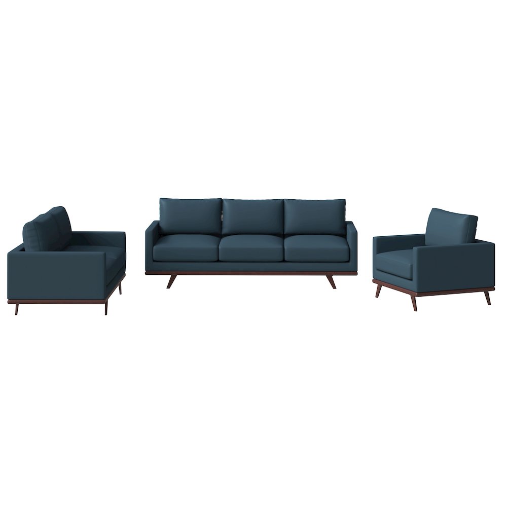 Chester 3-Piece Leather Living Room Sofa Set with Birch Wood Base Navy Blue. Picture 1