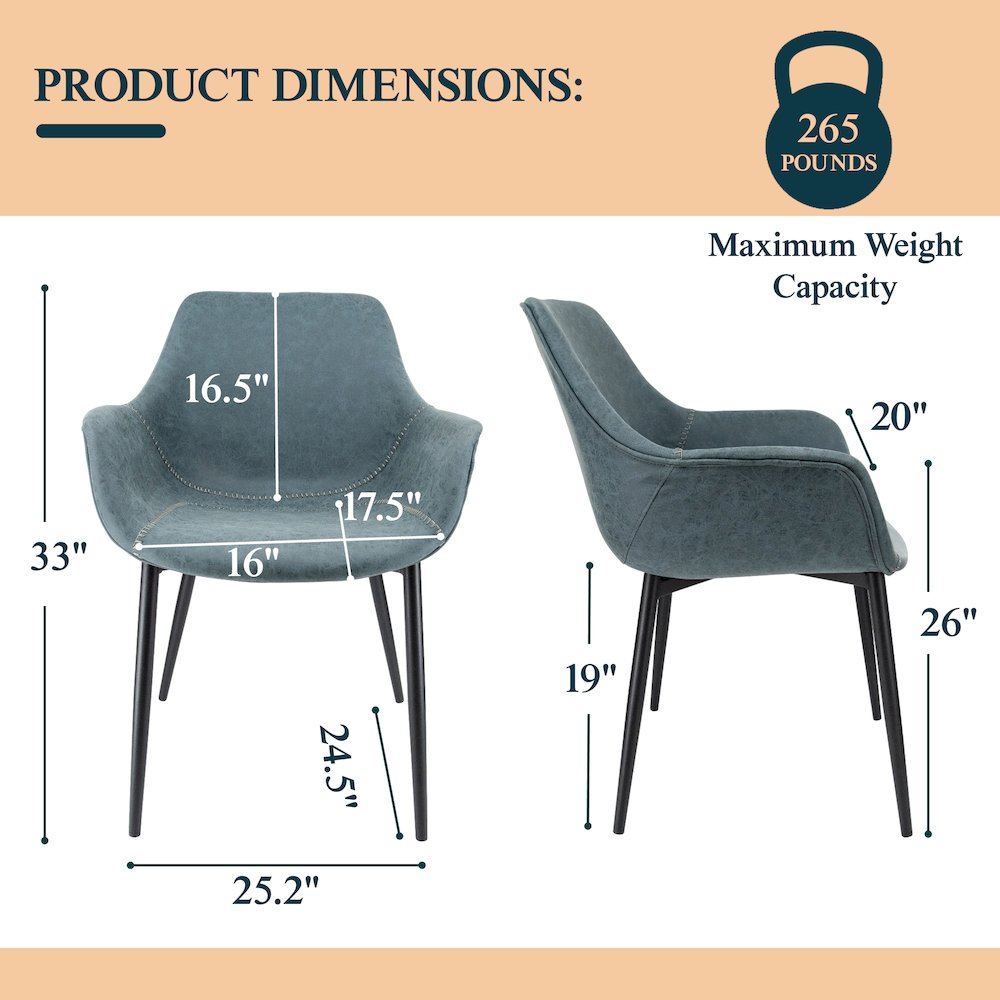 Markley Modern Leather Dining Arm Chair With Metal Legs Set of 2. Picture 2