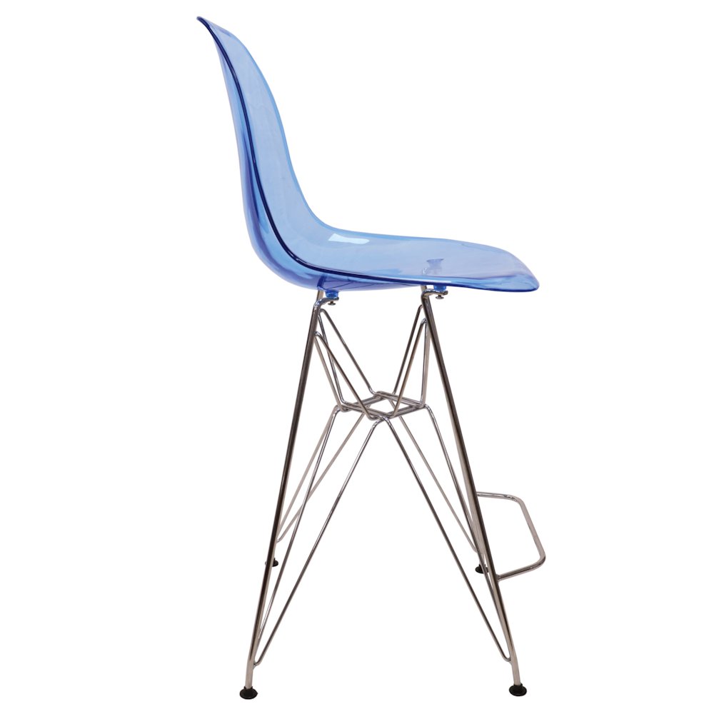 Cresco Modern Acrylic Barstool with Chrome Base and Footrest in Transparent Blue. Picture 1